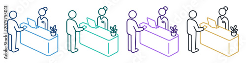 reception desk service staff laptop plant icon set on transparent background