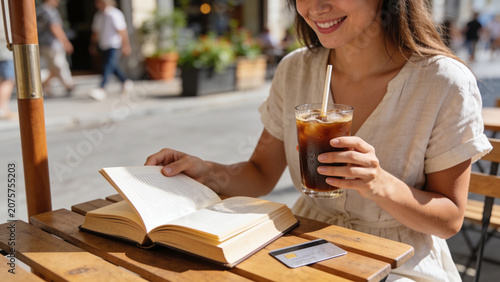 Woman Enjoying Iced Coffee While Reading Book Outdoors