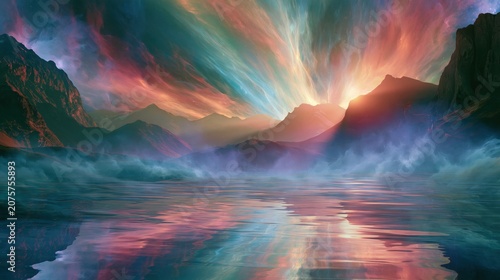 A surreal dreamlike landscape where jagged mountains rise from a tranquil reflective lake, bathed in a cosmic sunset of swirling pastel tones. The sky holds luminous ribbons of light and color, blend