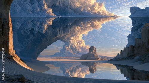 A dreamlike, surreal seascape blending isometric precision with ethereal, cinematic lighting. A vast horizon stretches through a dream-weaved panorama where towering, sculpted rock arches and caverno