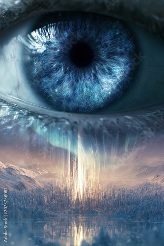 A dreamlike composite plunges the viewer into a surreal ice-toned world where a hyper-detailed blue iris closes in from a macro close-up, merging with a cinematic winter landscape. An ethereal aurora