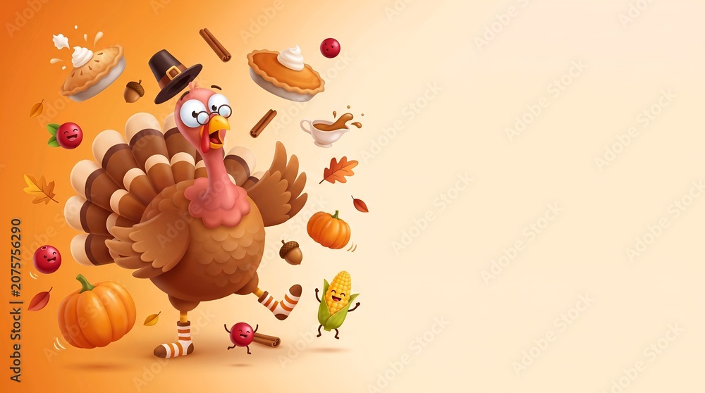 Fototapeta premium Funny Thanksgiving Turkey with Pilgrim Hat and Pies Vector Template