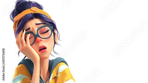 Exhausted 3D cartoon woman with round glasses resting her face in her hand, rubbing her tired eyes against a clean white background.