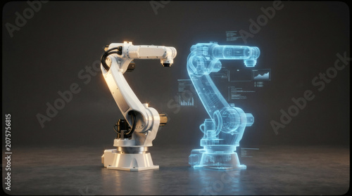 A clean conceptual image of a sleek, white mechanical robotic arm standing next to its own glowing, semi-transparent blue holographic replica. Isolated on a dark gray minimalist background, digital