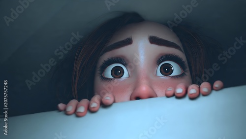 Scared 3D cartoon character with wide brown eyes peeking anxiously from underneath a white sheet or blanket in a dark room.