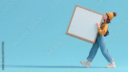 Cute 3D cartoon woman walking sideways while carrying a large blank white sign panel against a solid vibrant blue background.
