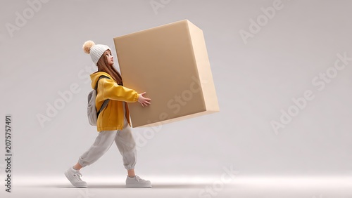 Cute 3D cartoon girl wearing a winter knit beanie hat and yellow jacket walking while carrying a large cardboard box package.
