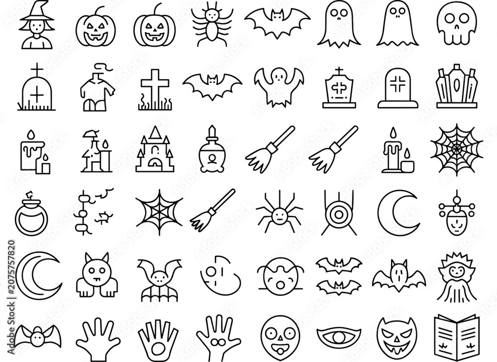 Fototapeta premium Halloween icons set with black line drawings on white background