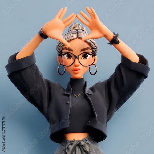 Stylish 3D cartoon woman with silver-blonde hair updo forming a frame with her hands over a pastel blue background.