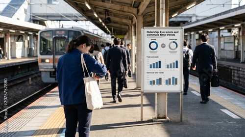 Rail Platform Morning Commuters With Urban Mobility Data Poster