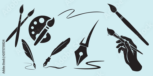 A collection of black illustration icons featuring various drawing and painting tools use on creative design projects.