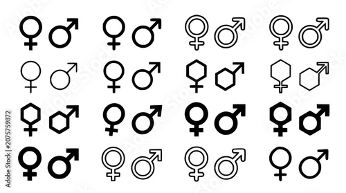 Gender Symbols Arranged in a Grid with Various Styles and Designs Featuring Male, Female, Icon with Design and Illustration