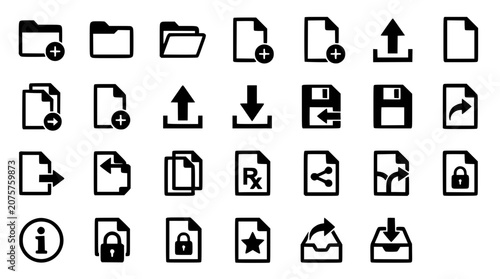 Folder Icons Set with Document Exchange, Upload, Download, Lock, Info, and Medical Rx Symbols in a Minimal Line Style