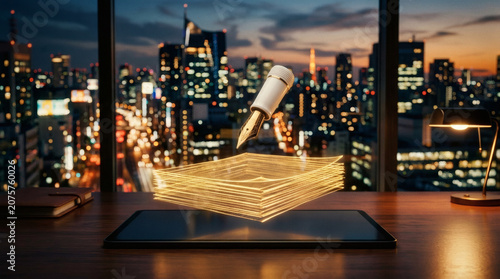 A minimalist concept of a classic white fountain pen tip floating above a sleek tablet screen, with thin, glowing golden data streams forming a neat stack of blank paper sheets. Dark corporate 