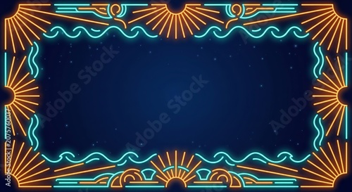 Bohemian Tribal Frame with Sunburst Pattern, Turquoise and Orange Border on Navy Starry Background, Vector Illustration