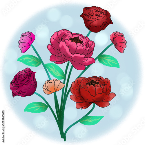 Hand-drawn illustration of rose and carnation flowers with their stems and leaves.