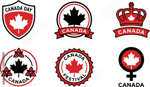Canada day logos and badges with maple leaf symbols