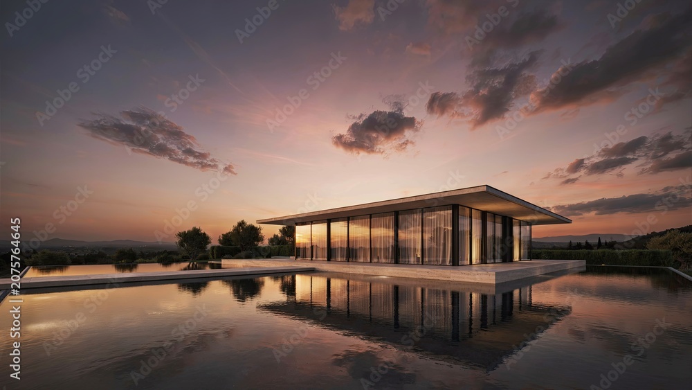 Fototapeta premium Modern luxury house with floor to ceiling glass walls reflects beautifully in a still infinity pool at sunset in the mountains.