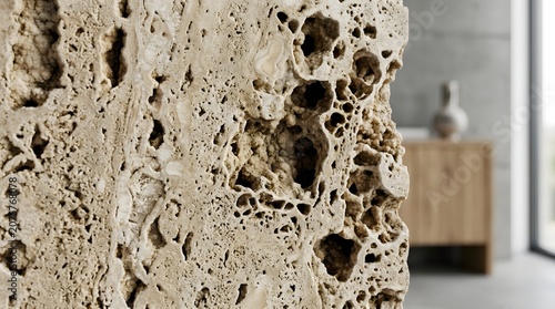 Close up natural beige travertine stone texture with porous surface