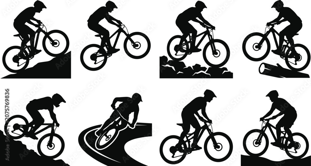 Obraz premium Mountain bike silhouette set featuring cyclists riding downhill jumping over logs navigating rocky terrain and cornering on trails