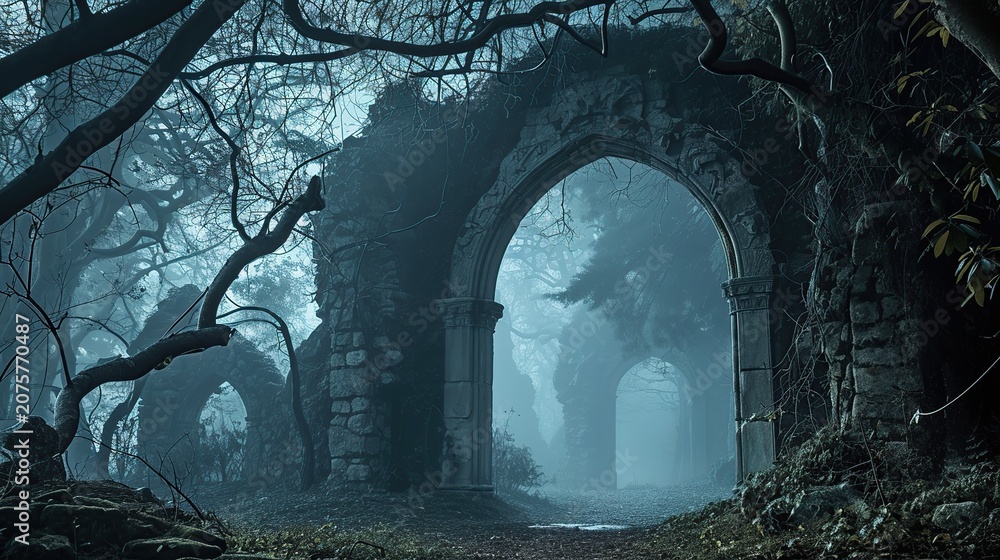 Naklejka premium Ancient moss-covered stone archway within a misty forest ruins at twilight