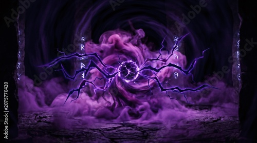 Glowing Purple Energy Vortex Swirling with Lightning Bolts in Dark Stone Chamber, Cinematic Fantasy Portal Animation