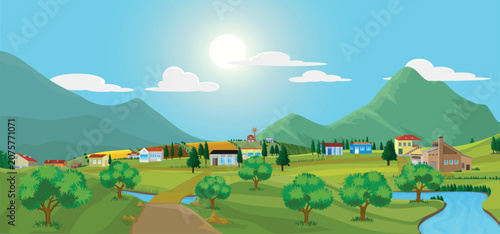 A modern village scene with colorful fields and a small stream flowing in front of it.