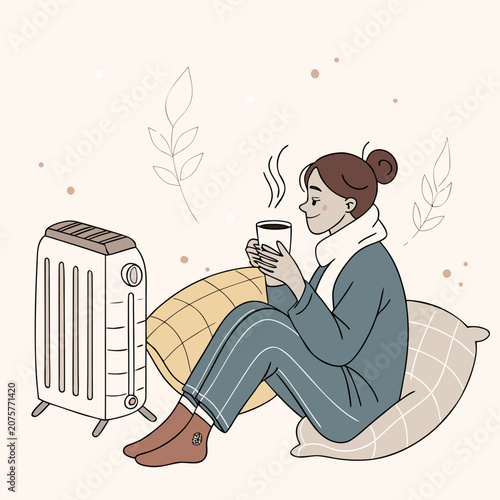 Illustration of a young woman in a cozy blue sweater relaxing at home, warming her hands on a hot drink by an electric heater in winter