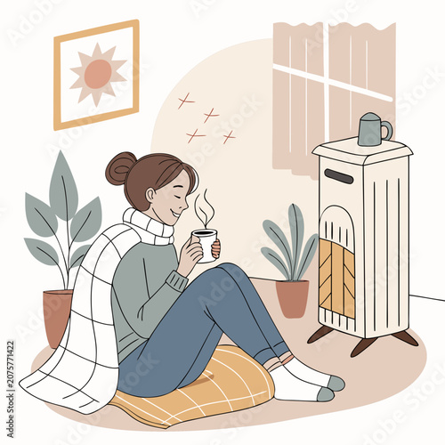 Illustration of a young woman in a cozy blue sweater relaxing at home, warming her hands on a hot drink by an electric heater in winter