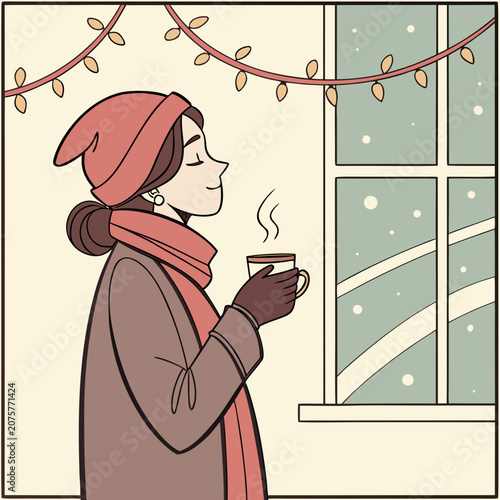 A young woman in cozy winter attire sips a warm drink, gazing thoughtfully at the falling snow outside her window, illuminated by festive string lights.