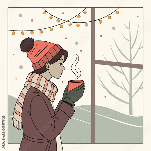 A young woman in cozy winter attire sips a warm drink, gazing thoughtfully at the falling snow outside her window, illuminated by festive string lights.