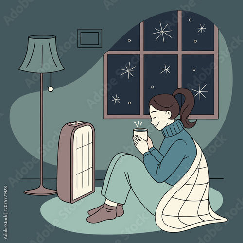 Illustration of a young woman in a cozy blue sweater relaxing at home, warming her hands on a hot drink by an electric heater in winter