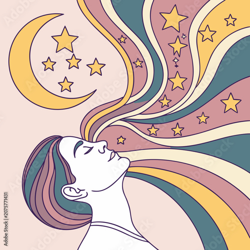 Surreal dreamscape with crescent moon and swirling stars emanating from sleeping person's head vector