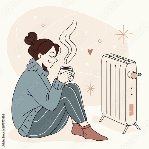 Illustration of a young woman in a cozy blue sweater relaxing at home, warming her hands on a hot drink by an electric heater in winter