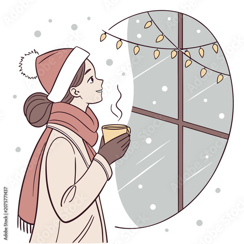 A young woman in cozy winter attire sips a warm drink, gazing thoughtfully at the falling snow outside her window, illuminated by festive string lights.