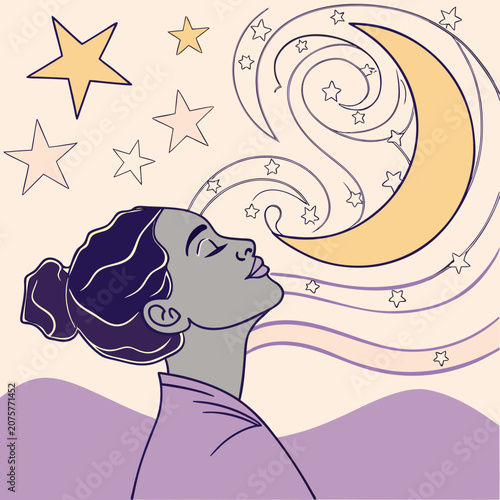 Surreal dreamscape with crescent moon and swirling stars emanating from sleeping person's head vector