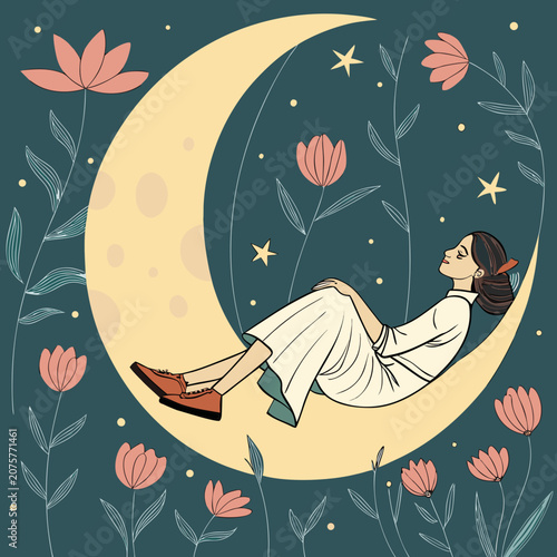 Dreamy night lofi girl resting on crescent moon wallpaper. Surreal woman in vintage dress napping. Nighttime floral lake 2D cartoon flat illustration. Vector art image lo fi aesthetic color background