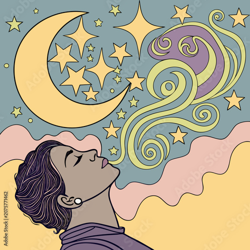 Surreal dreamscape with crescent moon and swirling stars emanating from sleeping person's head vector