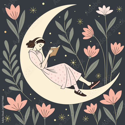 Dreamy night lofi girl resting on crescent moon wallpaper. Surreal woman in vintage dress napping. Nighttime floral lake 2D cartoon flat illustration. Vector art image lo fi aesthetic color background