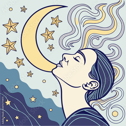 Surreal dreamscape with crescent moon and swirling stars emanating from sleeping person's head vector