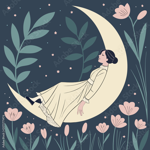 Dreamy night lofi girl resting on crescent moon wallpaper. Surreal woman in vintage dress napping. Nighttime floral lake 2D cartoon flat illustration. Vector art image lo fi aesthetic color background