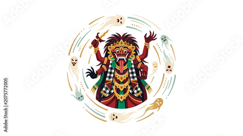 Balinese Rangda demon mask illustration with floating spirits.