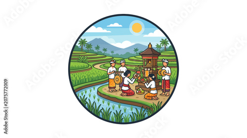 Balinese rice terrace gathering illustration.