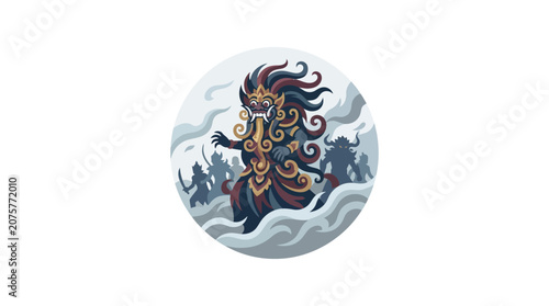Balinese spirit emerging from a circular cloud formation.