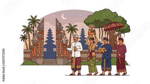 Balinese people in traditional procession at temple gate.