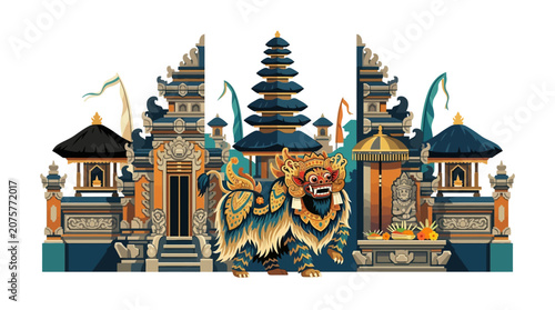 Balinese temple complex with traditional Barong guardian illustration.