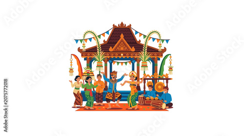 Balinese temple festival with dancers and decorations.