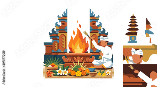 Balinese temple gate with fire altar and offerings