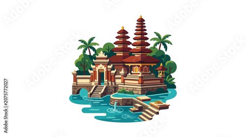 Balinese temple pagoda illustration by the water.