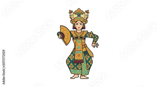 Balinese woman performing Legong dance with hand fan.